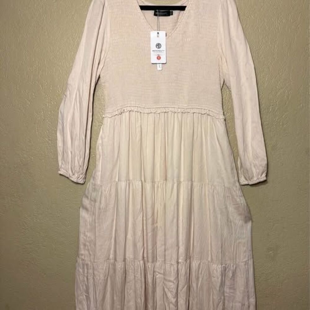 NEW Plus Size Women’s Beige Flowy Ruffled Tiered Midi Dress W/ Pockets